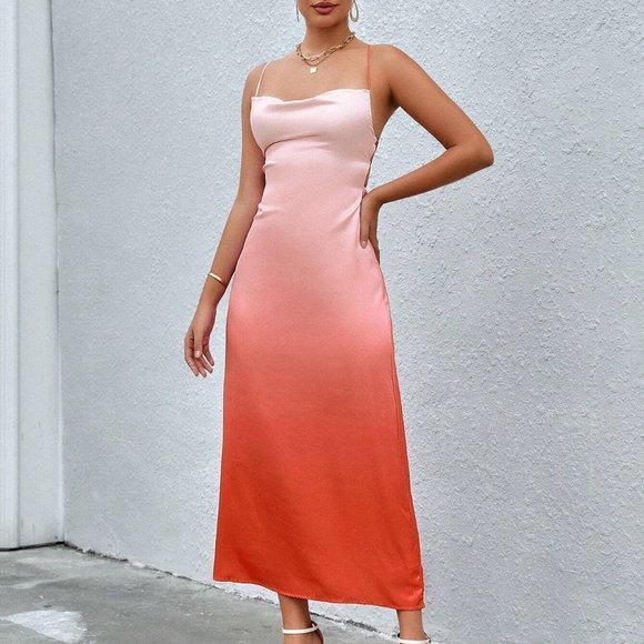 Multicolor Preppy Womens Ombre Draped Collar Satin Cami Dress - Picture 3 of 5